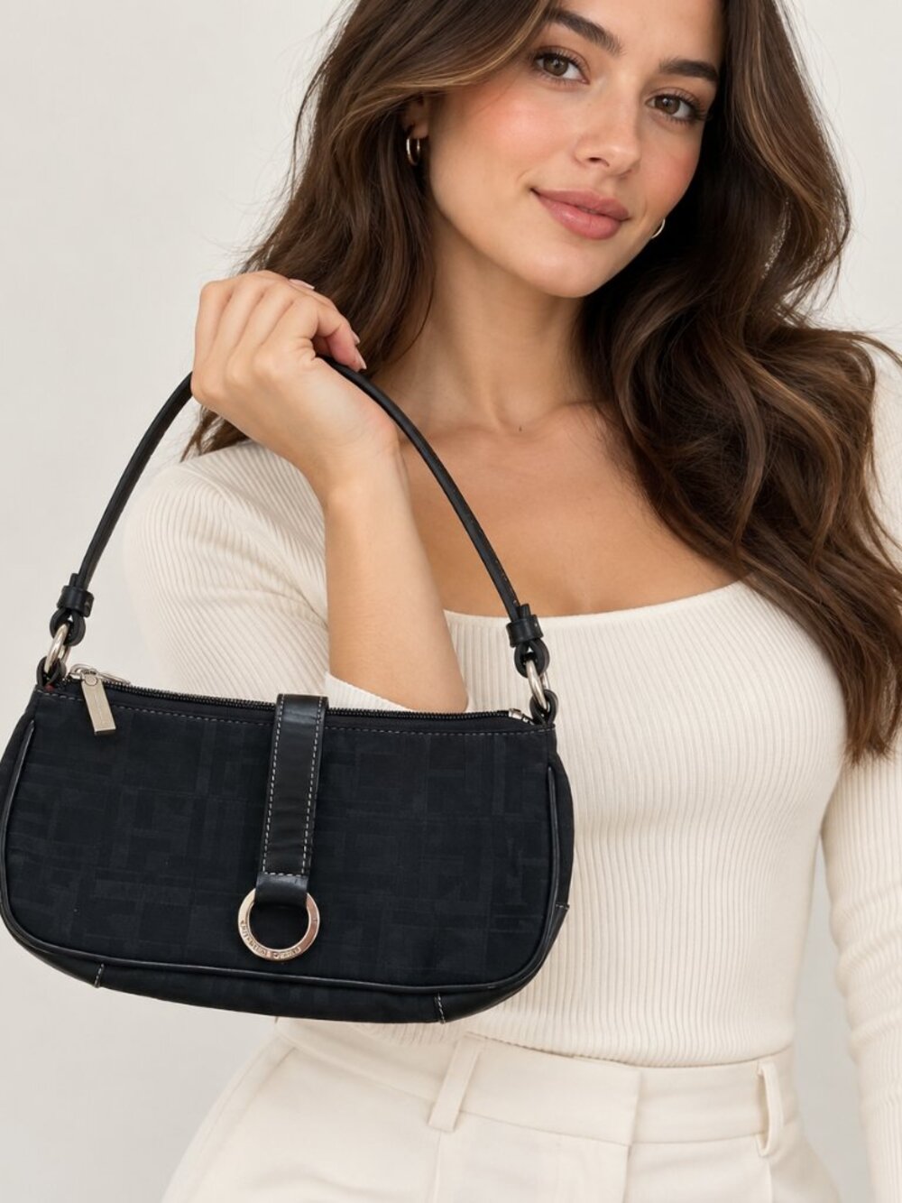 Mario Hernandez Black Monogram Jacquard Baguette Bag Leather Trim
